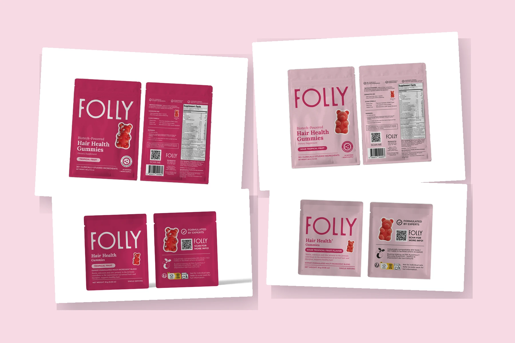 Folly Tropical and Sour Hair Health Gummies packaging system arranged on layered white sheets