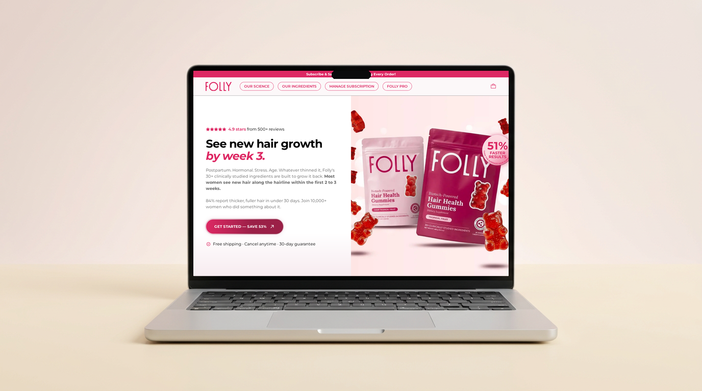 Folly Nutrition ecommerce homepage displayed on a silver laptop