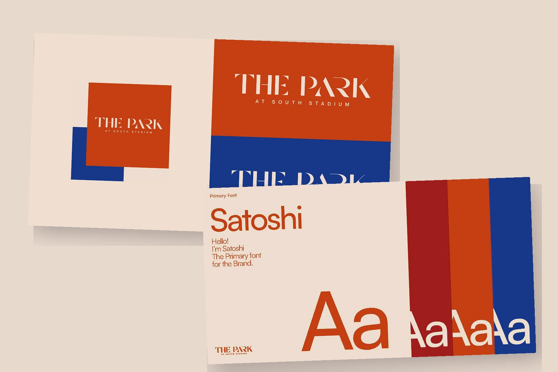 The Park at South Stadium logo and typography system arranged as layered presentation sheets