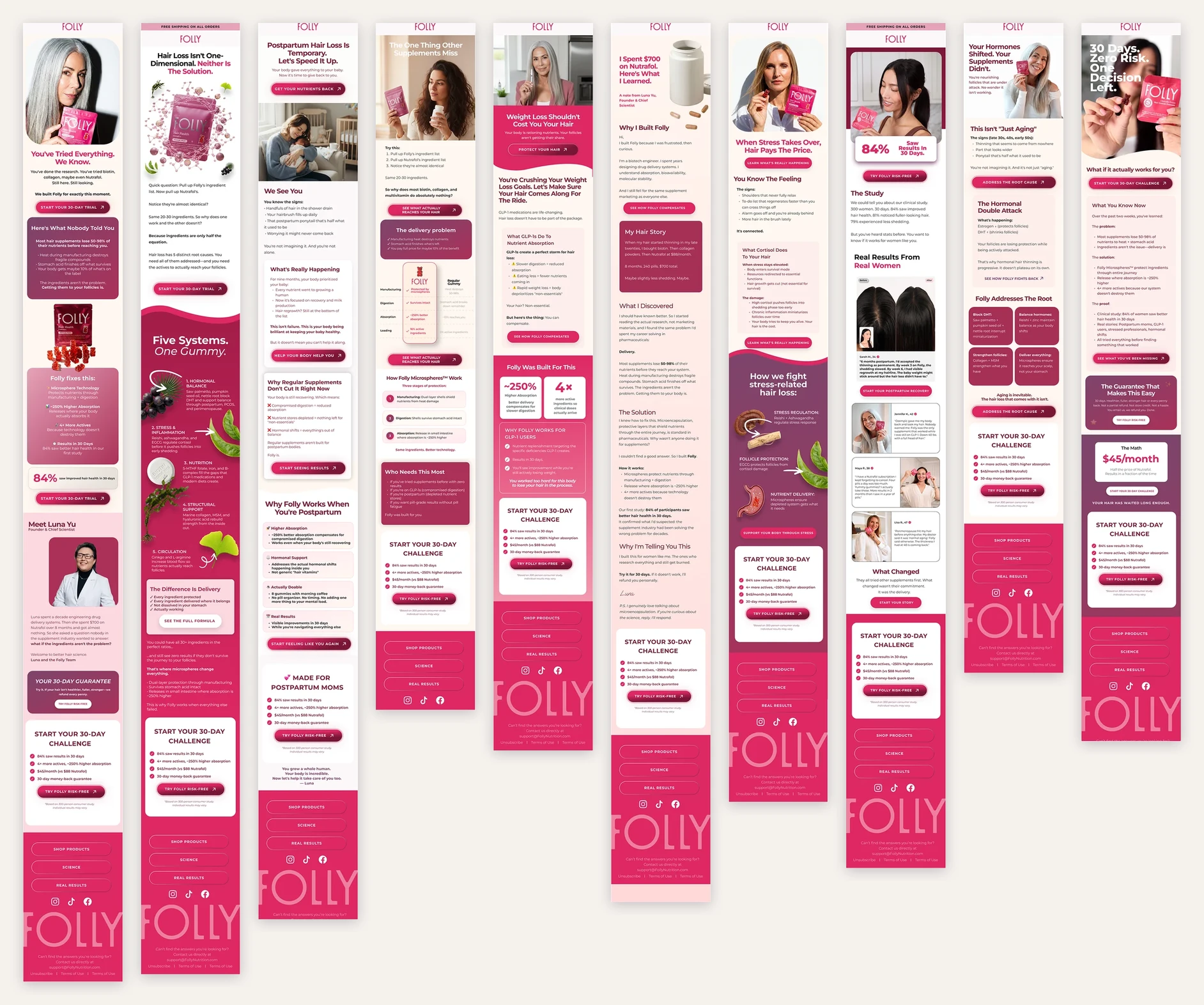 Folly welcome email series, ten full emails shown side by side