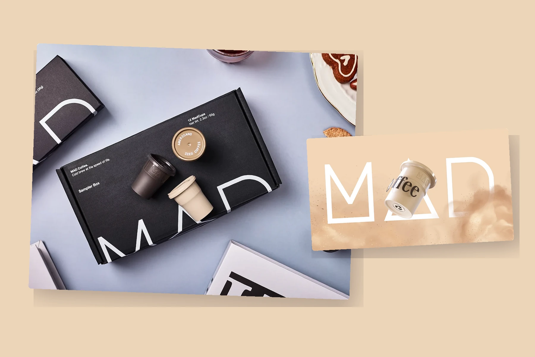 Mad Coffee packaging and wordmark imagery arranged as a layered brand-world composition