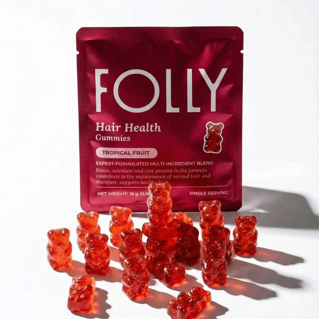 Folly gummies and Hair Health Gummies pouch on a red backdrop